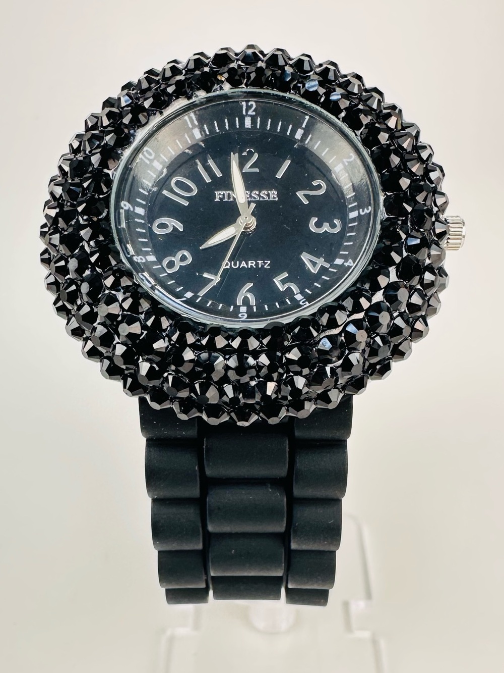 Black Crystal Bold Bezel Women's Silicon Bracelet Strap Watch